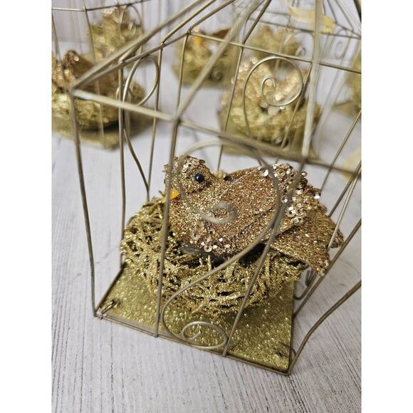 Gold cage bird ornament decor Xmas tree set lot of nine - Picture 2 of 9